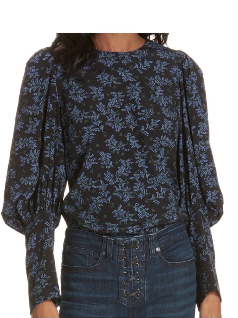 Veronica Beard Clarke Puff Sleeve Stretch Poplin Top Black Blue Floral Silk 2